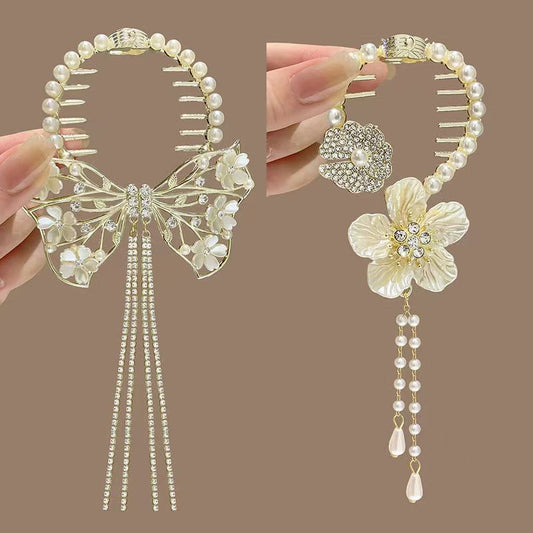 2 items Ancient bell orchid tassel hairpin ball head fixed artifact clip female high-end hair buckle half-tied hair clip